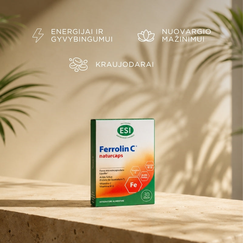 Mikroenkapsuliuota geležis su folatais Ferrolin C® Naturcaps