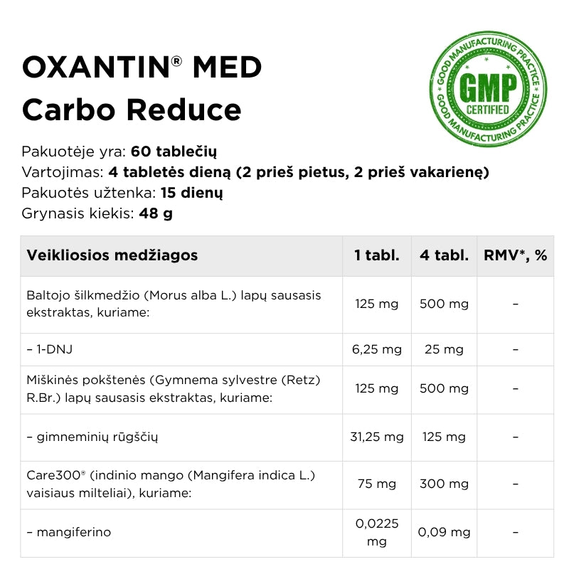 Maisto papildas apetito kontrolei, gliukozes apykaitai, angliavandeniu apykaitai, lieknejimui OXANTIN® MED Carbo Reduce