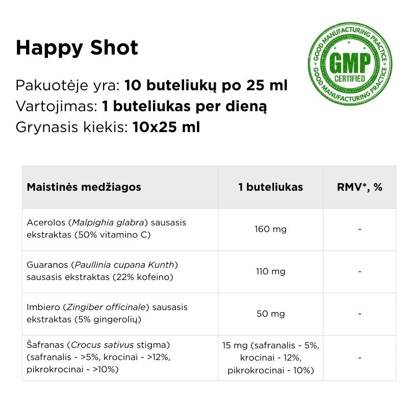 Maisto papildas su šafranu, acerola, guarana ir imbieru Happy Shot