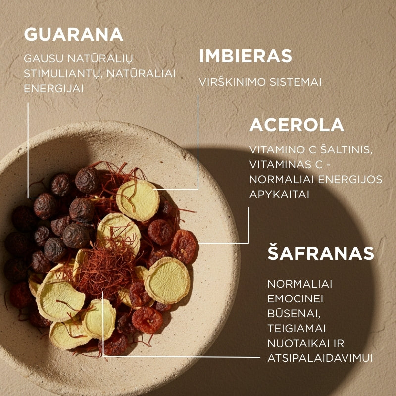 Maisto papildas su šafranu, acerola, guarana ir imbieru Happy Shot