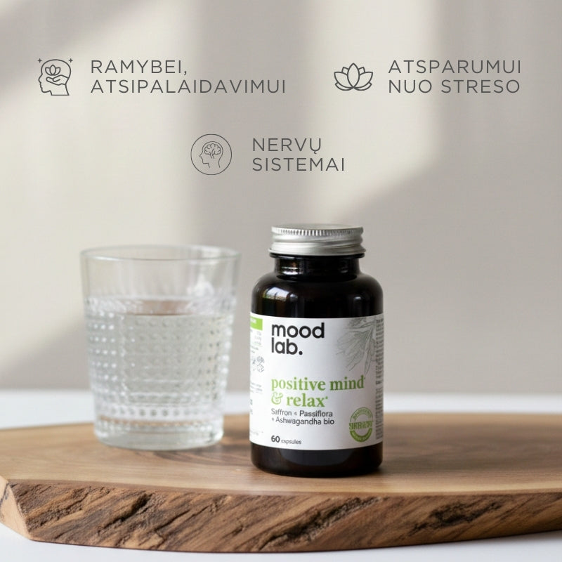 Maisto papildas su šafranu, ašvaganda (ashwagandha) KSM-66® ir pasiflora Positive Mind & Relax