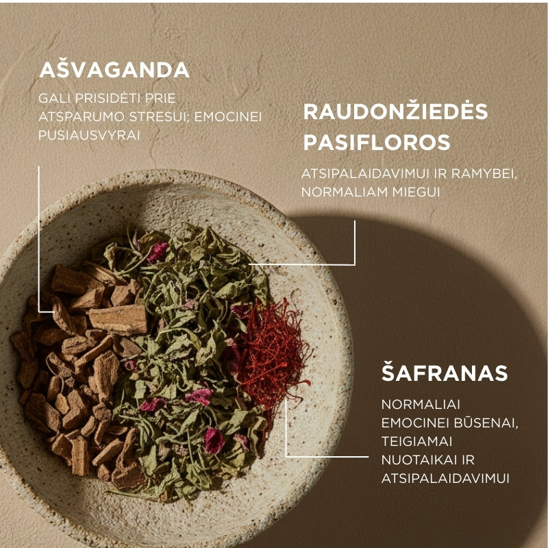 Maisto papildas su šafranu, ašvaganda (ashwagandha) KSM-66® ir pasiflora Positive Mind & Relax