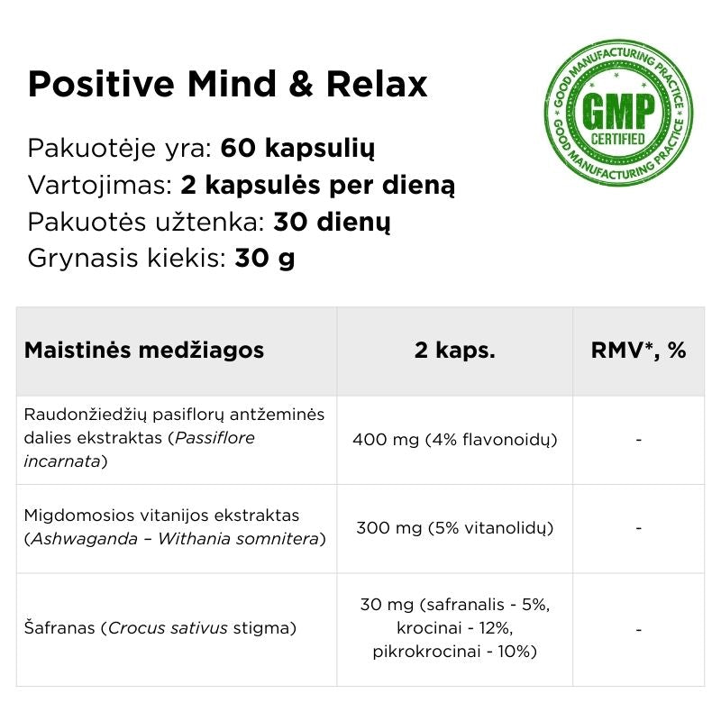 Maisto papildas su šafranu, ašvaganda (ashwagandha) KSM-66® ir pasiflora Positive Mind & Relax