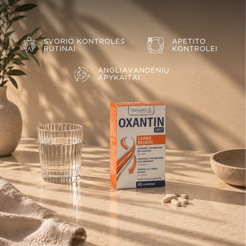 Maisto papildas apetito kontrolei, gliukozes apykaitai, angliavandeniu apykaitai, lieknejimui OXANTIN® MED Carbo Reduce 