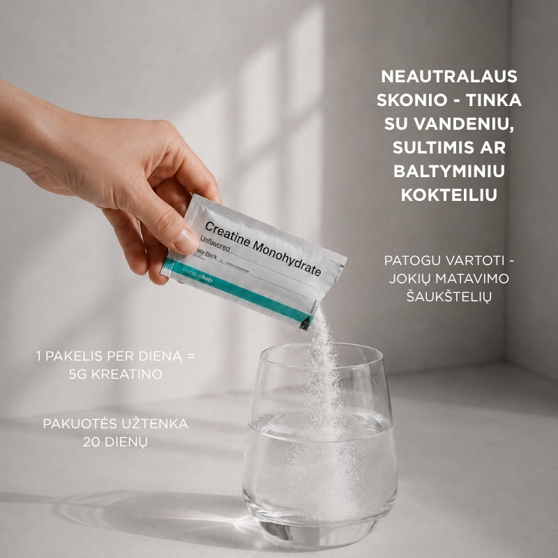 kreatino monohidratas be skonio pakeliais omegalab