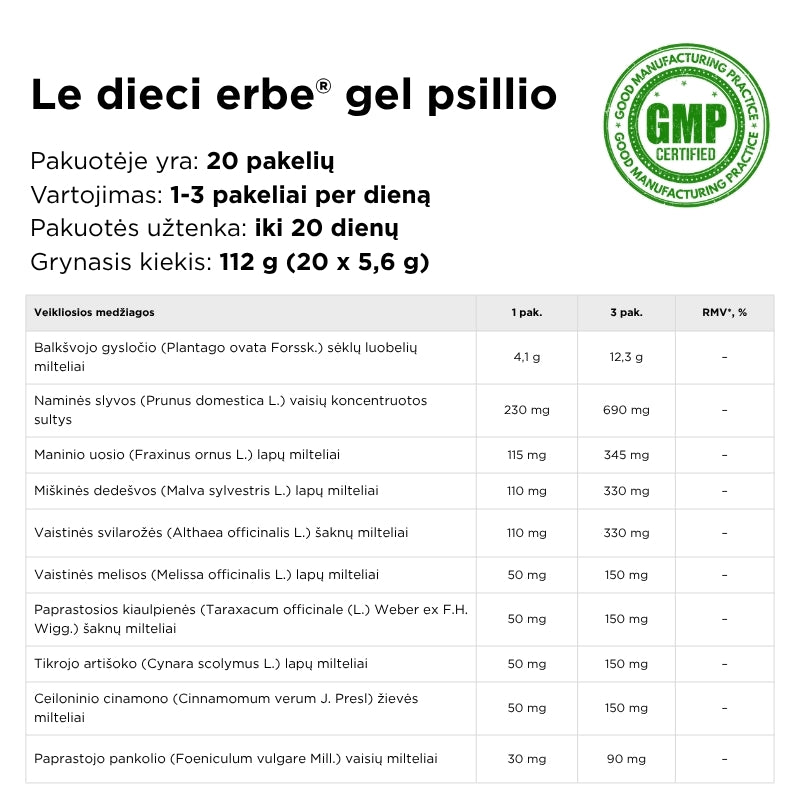 Maisto papildas su psyllium skaidulomis žarnynui Le dieci erbe® gel psillio