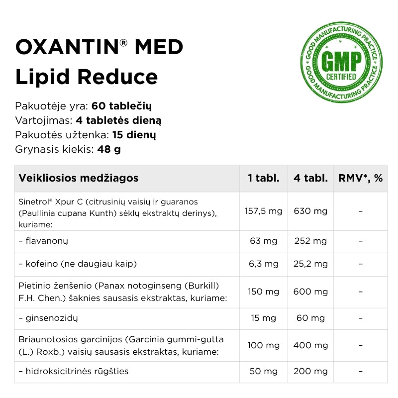 Maisto papildas svorio kontrolei ir lieknėjimui OXANTIN® MED Lipid Reduce