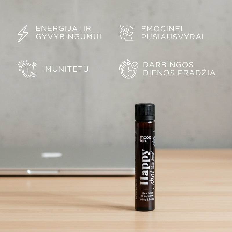 Maisto papildas su šafranu, acerola, guarana ir imbieru Happy Shot