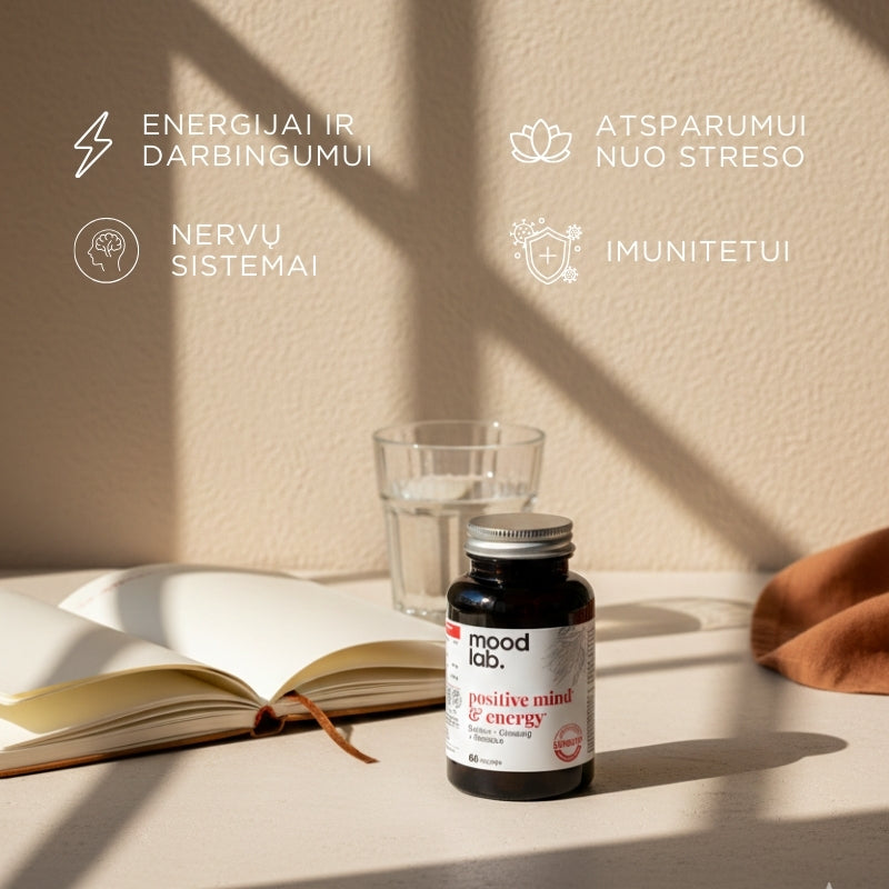 Maisto papildas su šafranu, kininiu ženšeniu ir rodiole Positive Mind & Energy