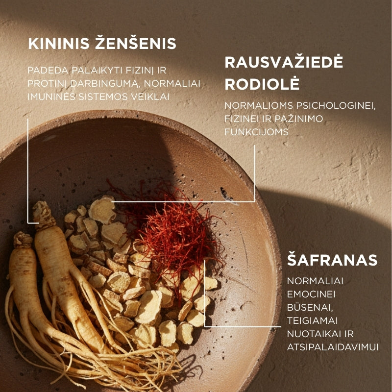 Maisto papildas su šafranu, kininiu ženšeniu ir rodiole Positive Mind & Energy