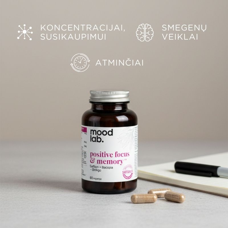 Maisto papildas su šafranu, bacopa ir ginkmedžiu Positive Focus & Memory